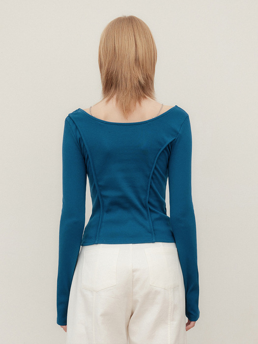 CHAIN RIBBED U-NECK TOP - BLUE