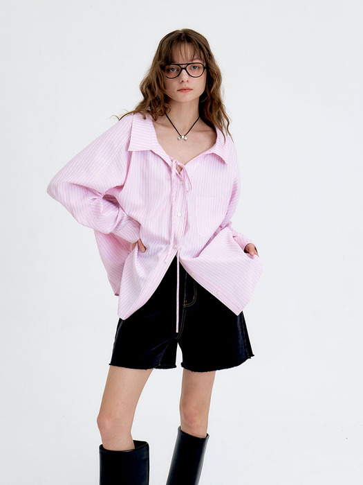 24 Summer_ Pink Stripe String Oversized Shirt