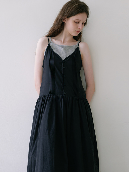 Button Sleeveless Long Dress - Black