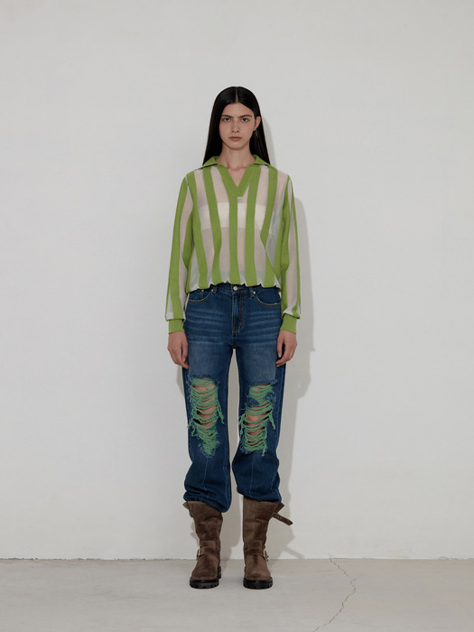 STRIPE OPEN COLLAR KNIT [GREEN]