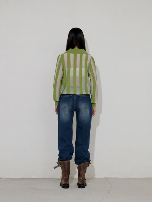 STRIPE OPEN COLLAR KNIT [GREEN]