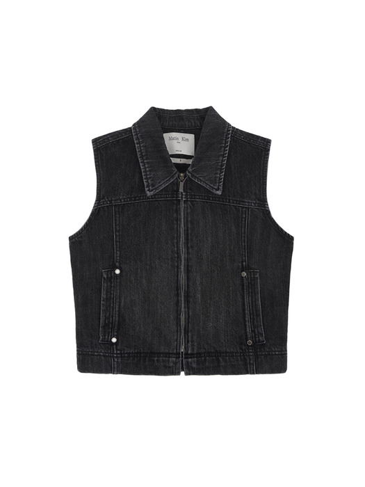 SLIM ZIP UP DENIM VEST IN BLACK