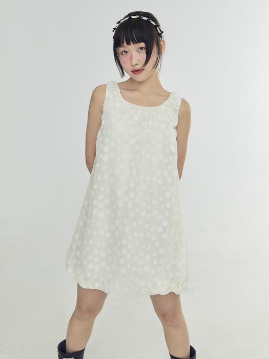 Flower Ribbon Balloon Dress - Cream