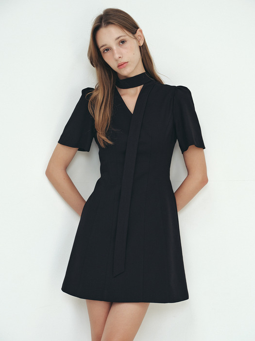 TIE POINTED MINI DRESS - BLACK