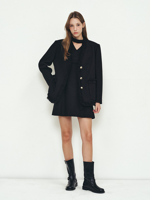 TIE POINTED MINI DRESS - BLACK