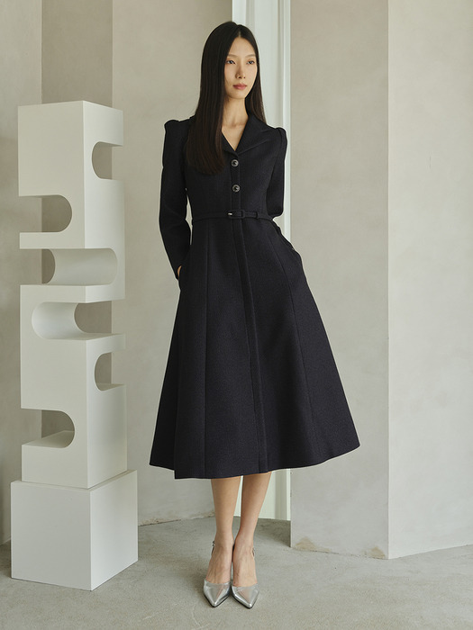 VIOLETTA Tailored Collar Tweed Dress_navy