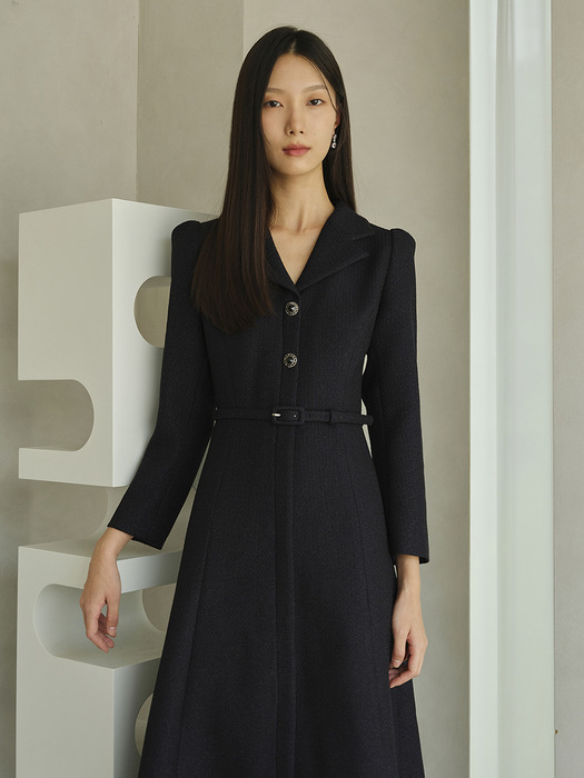 VIOLETTA Tailored Collar Tweed Dress_navy