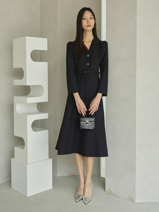 VIOLETTA Tailored Collar Tweed Dress_navy