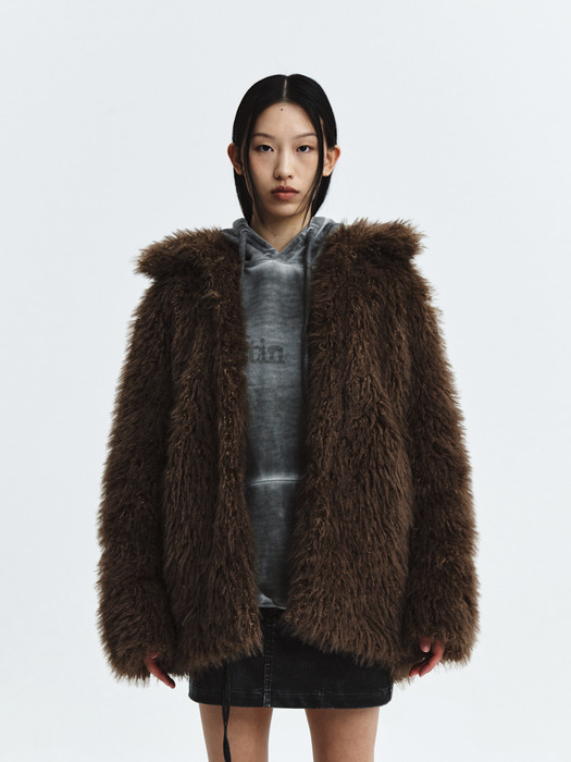 OVERSIZE HAIRY FUR COAT IN BROWN