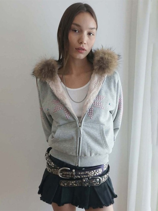 トップス Fur Trimming Hooded Zip-Up Melange Gray 스컬프터]Fur Trimming Hooded Zip-Up Melange Gray