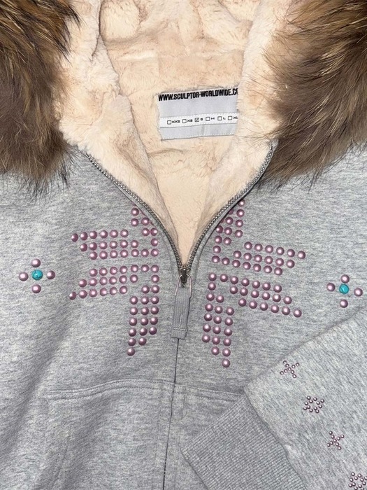 스컬프터]Fur Trimming Hooded Zip-Up Melange Gray