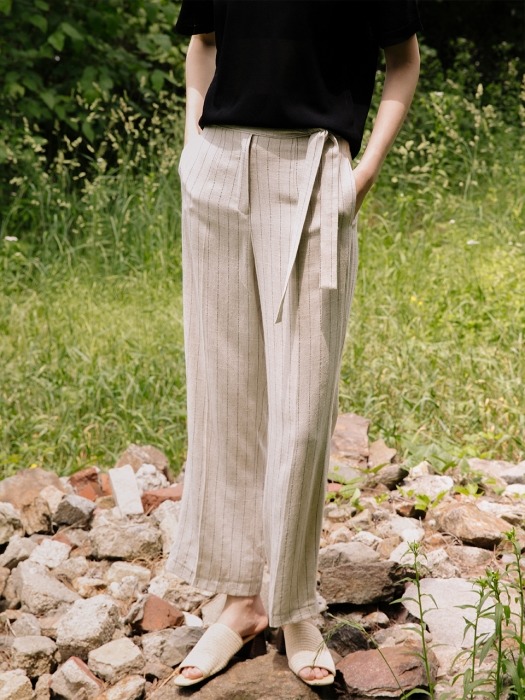 comos194 stripe linen cropted pants (light beige)