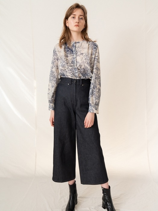 FW19 Printed Shirring Blouse Blue