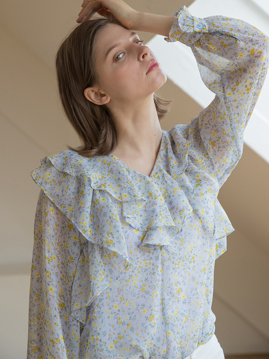 Neck Double Ruffle Blouse Sky