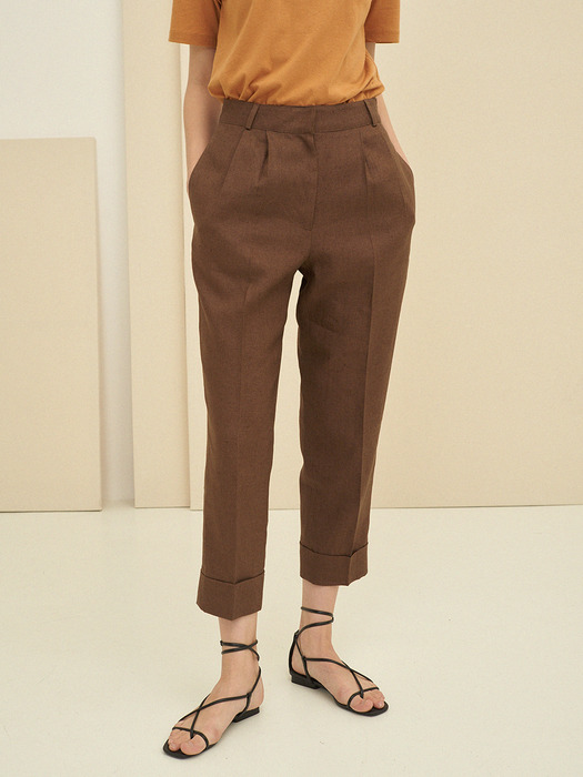 linen turn-up trousers (brown)