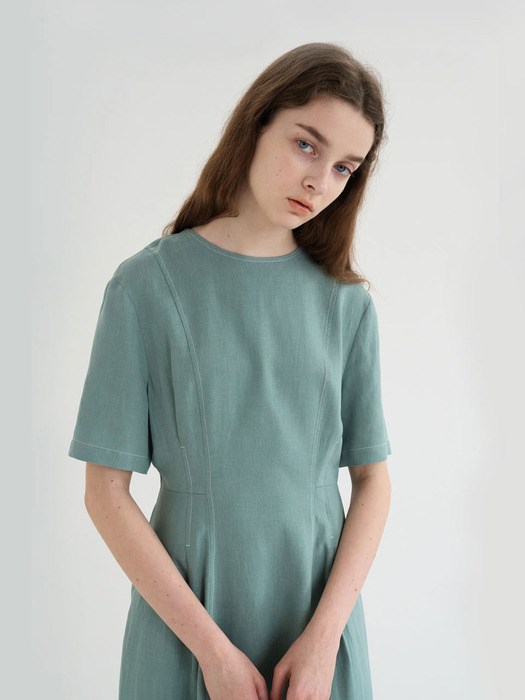 20 SUMMER_Ash Green Flare Stitch Dress