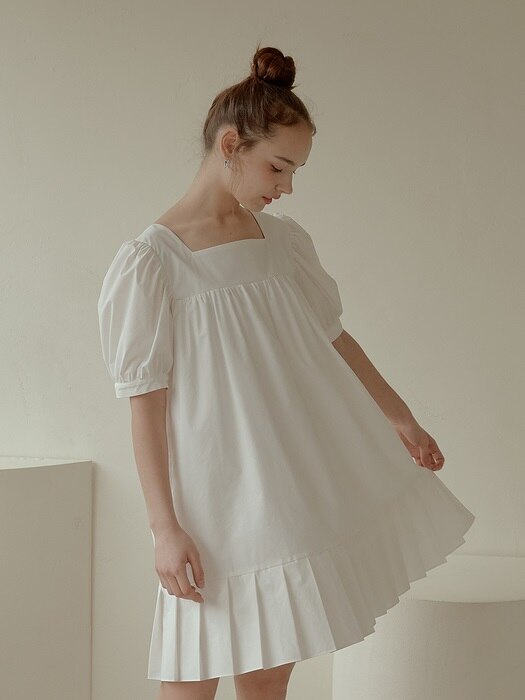 Puff Pleats Mini Dress[White]