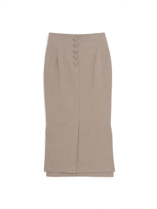 Wool Unbalance Slit Button Midi Skirt Beige