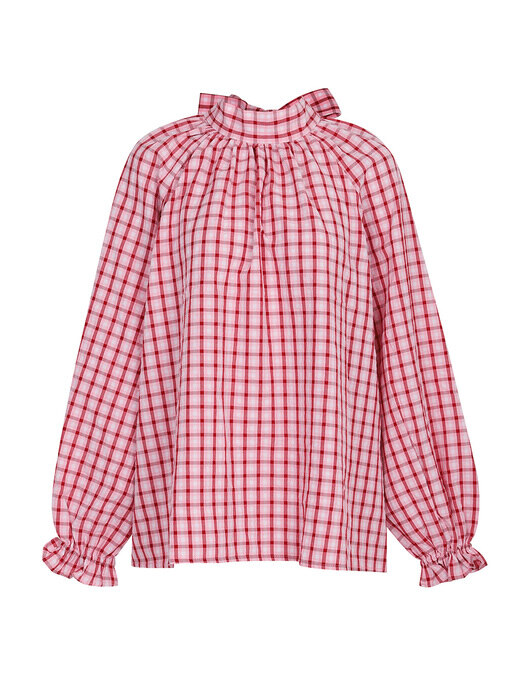 BACK RIBBON HIGH NECK CHECK BLOUSE_PINK (EEOO1BLR03W)