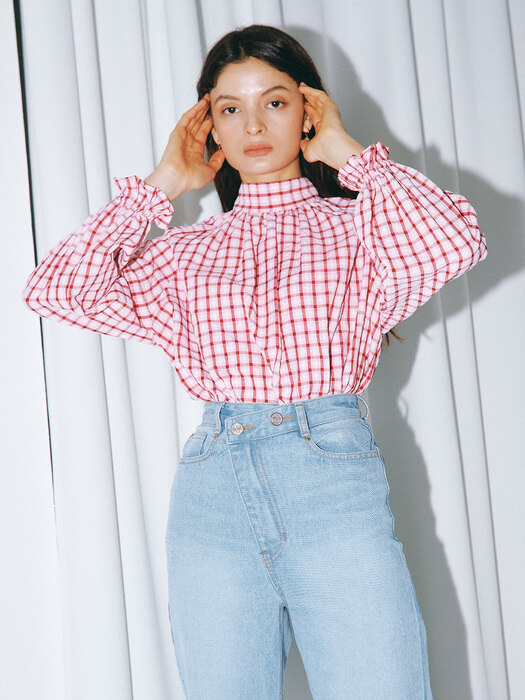 BACK RIBBON HIGH NECK CHECK BLOUSE_PINK (EEOO1BLR03W)