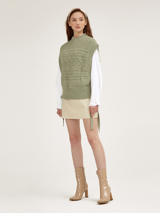 SIDE SLIT RIBBON KNIT VEST [Ivory] [Gray] [Mint]