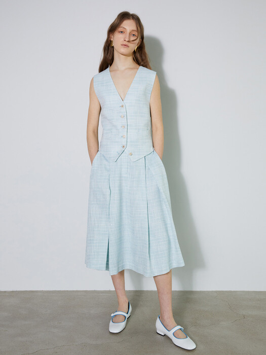 summer tweed double button flared skirt_sky