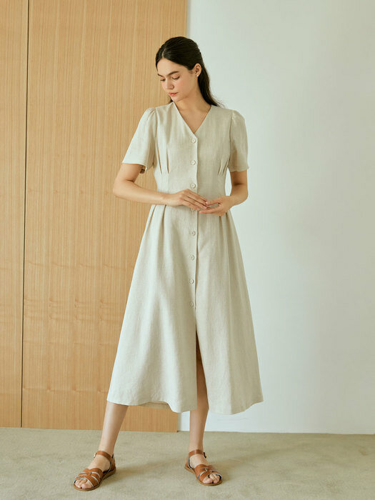 pintuck button linen long dress(beige)