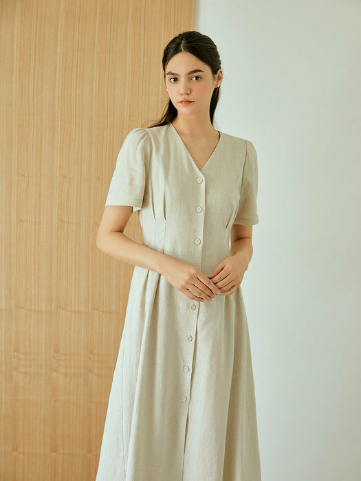 pintuck button linen long dress(beige)