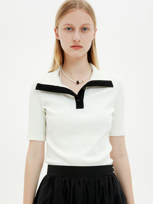 Wide Collar Ribbed Jersey Top / Ivory