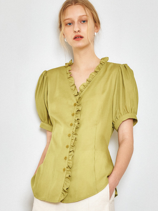 GREEN AVO RUFFLE DETAIL BLOUSE