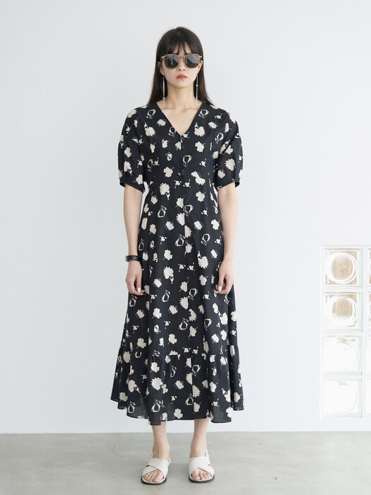 21 Summer_ Black Cotton Print Long Dress