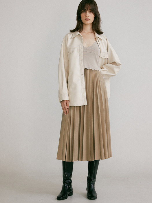 VEGAN LEATHER PLEATS LONG SKIRT (BEIGE)