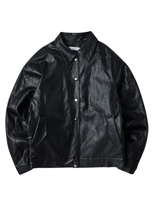 LEATHER COLLARED BUTTON JACKET BLACK