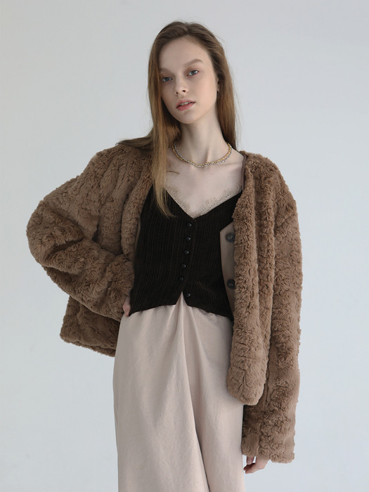 Leather mix fur jacket [Brown] 