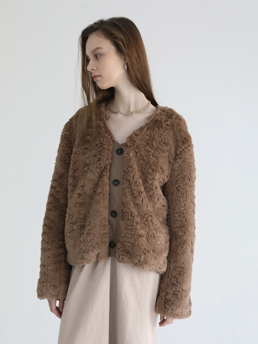 Leather mix fur jacket [Brown] 