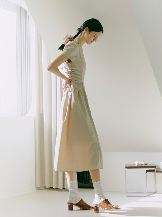 Side Shirring Dress, Beige