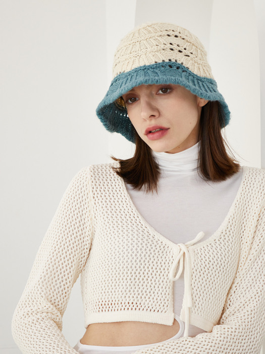 Shell Knit Bucket Hat (Ivory & Bluish Green)