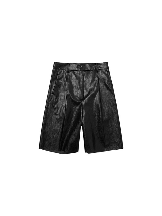 SI PT 7042 fake leather bermuda pants_Black