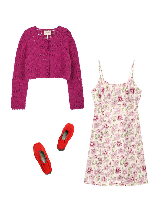 [N][SET]HAWI Cropped crochet cardigan (Magenta) + MONSARRAT Sleeveless mini dress(Pink Flower)