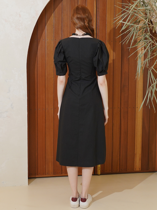 ?Organ puff-sleeve midi-dress(black)