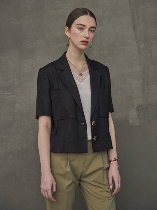 CROPPED LINEN HALF SLEEVED JACKET_BLACK