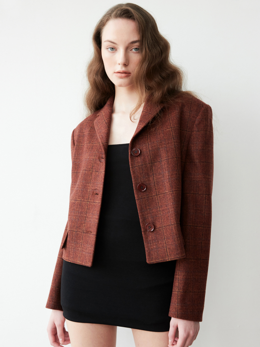 Classic short wool check jacket 003 Brown