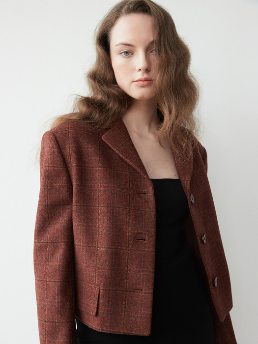 Classic short wool check jacket 003 Brown