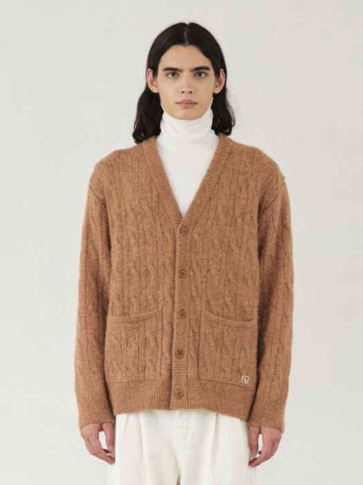MOHAIR BRUSHED CABLE CARDIGAN_BRICK