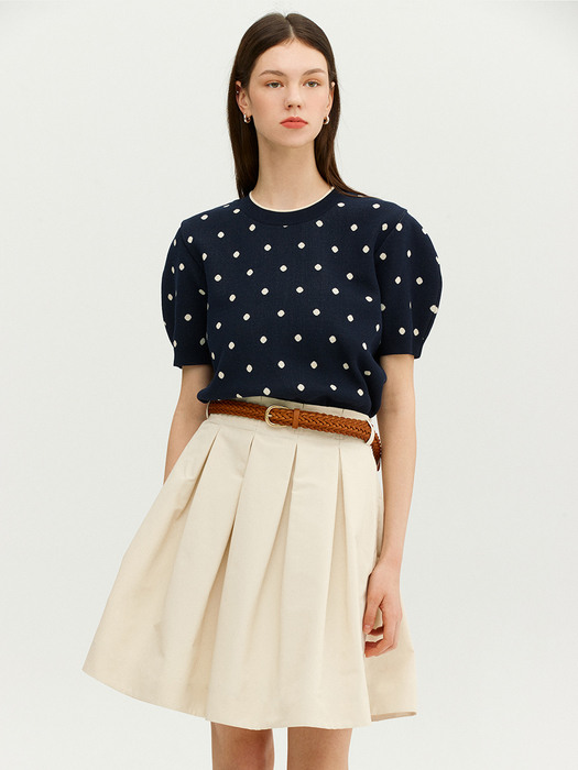 DUCALE Puff sleeve dot jacquard knit top (Navy&Ivory dot)