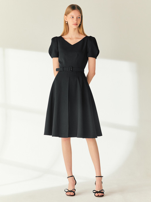 LOUISA V-neck puff sleeve midi dress (Black)