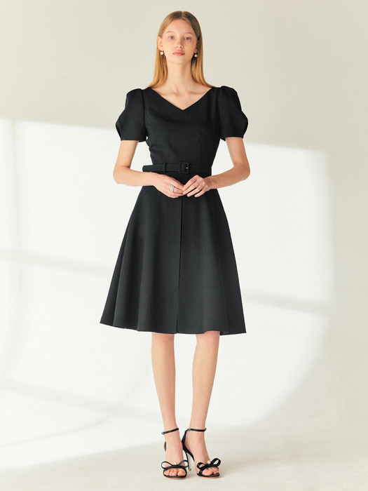 LOUISA V-neck puff sleeve midi dress (Black)