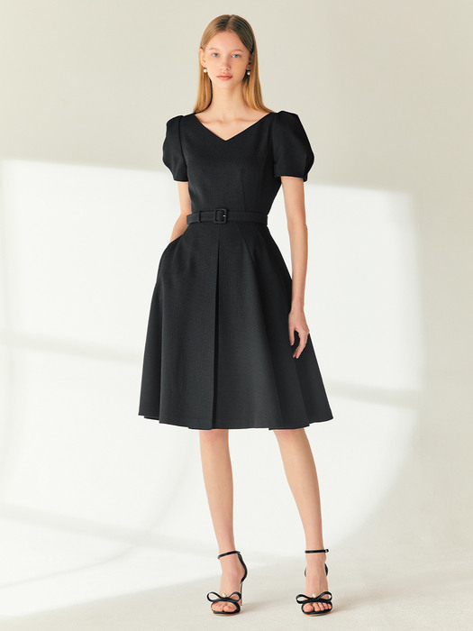 LOUISA V-neck puff sleeve midi dress (Black)