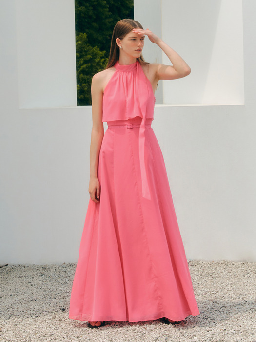 ADELINE Chiffon halter neck maxi dress (Warm pink)