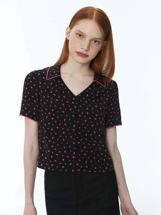 Flower v-neck blouse 002 Black